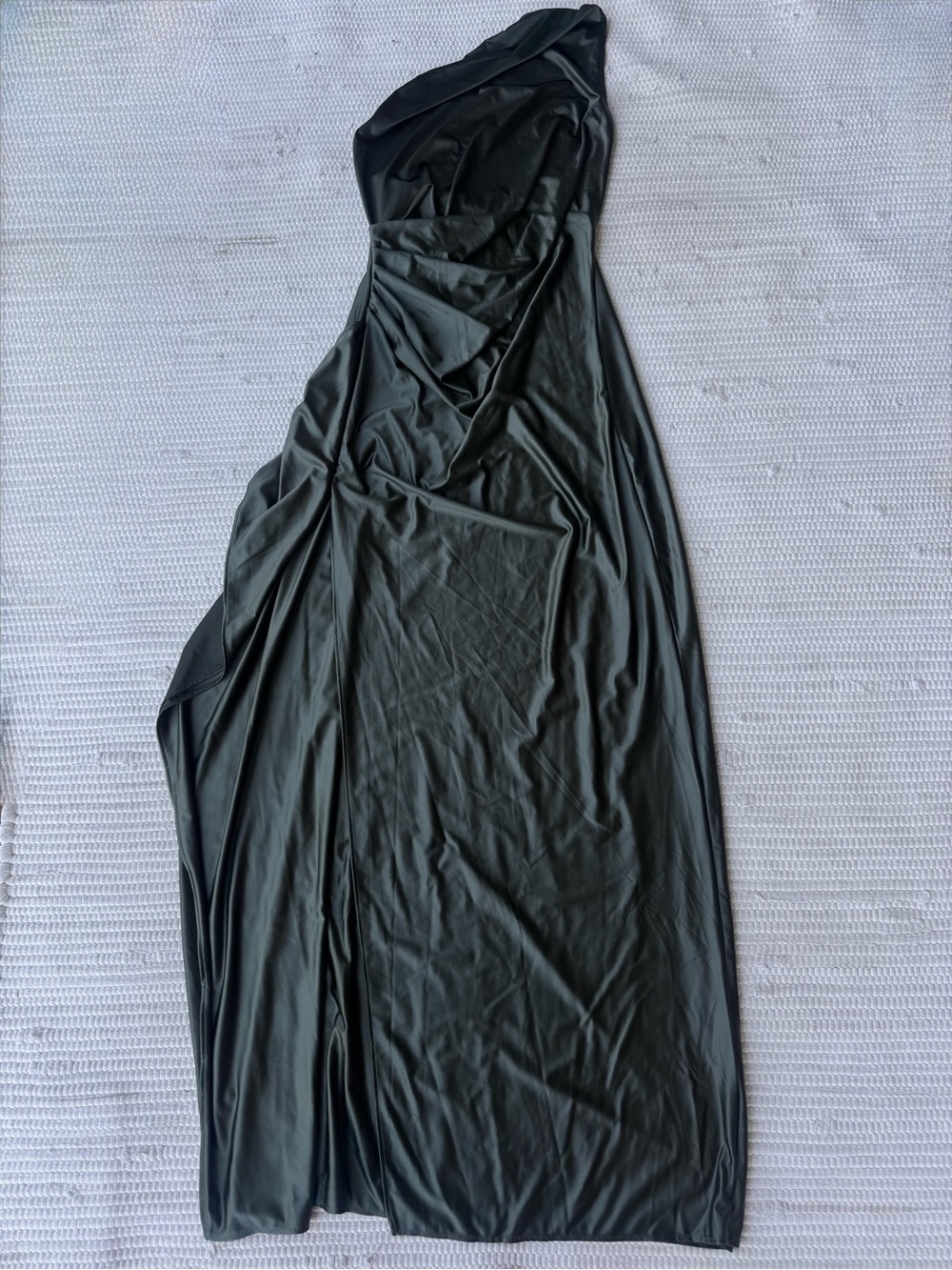 Olive Green One Shoulder Satin Maxi Dress High Slit Formal Evening XL M - Picture 3 of 16